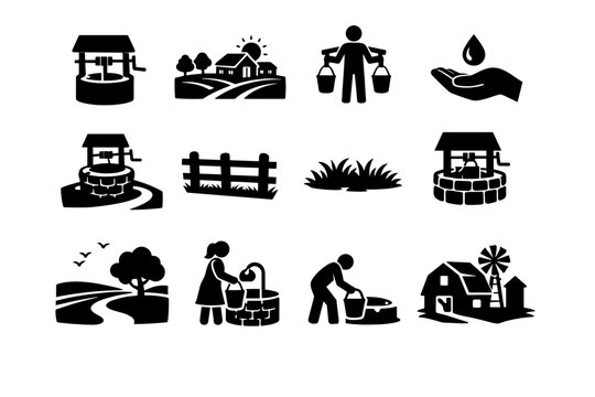 Rural Water Source. Solid icon set of Rural Water Source: farm well, village landscape, water bucket carry, hand-drawn water, dirt path well, small fence,