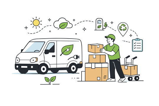 Eco-friendly delivery van. A small electric delivery van parked on a street with a courier handling packages, abstract floating decorative icons and lines