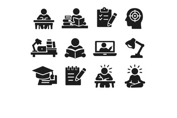 Study and Learning. Solid icon set of Study and Learning: student at desk, studying books, exam preparation, learning focus, homework desk, reading study,