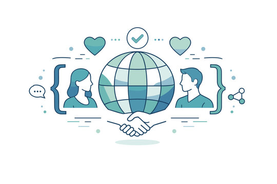 Ethical open-source abstract concept. An abstract editorial illustration combining code brackets, heart icons, globe, and people silhouettes to symbolize