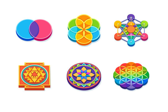 Sacred Geometry. Isometric flat vector icons set of Sacred Geometry: vesica piscis shape, seed of life pattern, metatron cube form, sri yantra plate, geometric