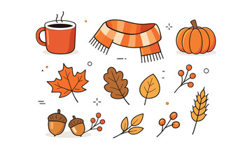 Naklejka premium Autumn objects collection. A balanced set of fall items like leaves, acorns, scarf, and mug, calm seasonal mood. Clean editorial pack with soft shapes and