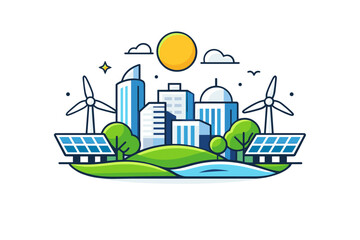 Naklejka premium Future cities highlighting renewable energy where solar panels and wind elements blend naturally into the cityscape, suggesting clean power and long-term urban