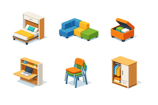 Tiny house furniture. Isometric flat vector icons set of tiny house furniture: murphy bed, modular sofa blocks, storage ottoman, fold-down desk, stackable