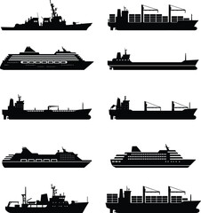 Ship silhouettes set, cargo container vessel, cruise liner, tanker and warship collection, maritime transport vector illustration isolated on white background © Liton Roy