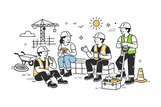 Construction and infrastructure workers. A group taking a short break at an outdoor building site, with tools resting nearby and spring sunlight around. The