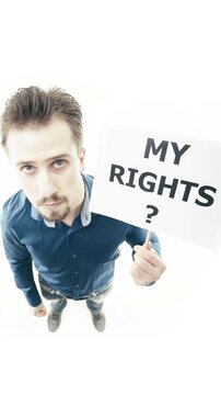 Man holding sign My Rights? top down view on white background