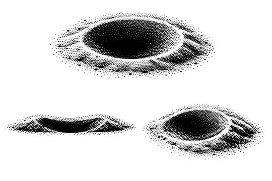 Sandy seafloor sand depression A realistic sandy seafloor shallow depression presented as one object in three views: top concave view, side profile view, and