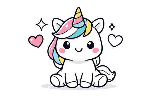 Cute unicorn character. Friendly unicorn facing forward, simple heart and sparkle icons floating nearby, rounded shapes emphasizing charm. Warm, positive mood