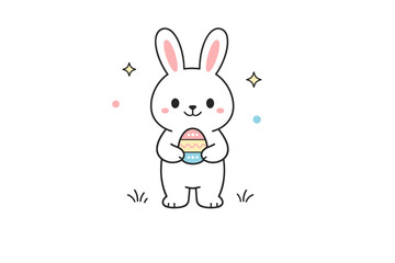 Obraz premium Easter bunny simple illustration. A cute minimal bunny holding a small decorated egg, standing calmly with a friendly smile. Soft, joyful spring mood with lots