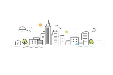 Minimal building silhouettes. Abstract high-rise and low-rise forms arranged in a calm horizontal composition. Quiet city presence with lots of breathing