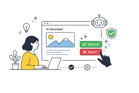 Human in the loop approval. Approval buttons highlighted next to an AI-generated card, human cursor hovering with intent. Scene represents accountability,