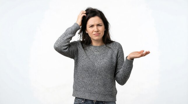 Confused young woman scratching her head and shrugging, looking puzzled, unsure, or doubtful. Portrait isolated on a white studio background