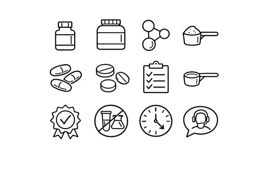Sports Supplements. Line icon set of Sports Supplements: supplement bottle, protein tub, amino acids icon, creatine scoop, omega capsules, vitamin tablets,