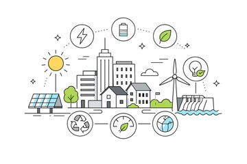 Smart energy and sustainability. Editorial illustration of city buildings connected to renewable energy sources, solar panels and energy icons showing balanced