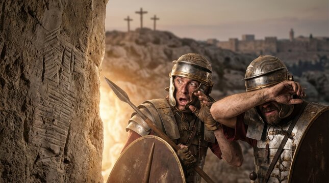Roman soldiers guarding the tomb of Jesus at the moment of His resurrection. Bible narrative of Easter with soldiers reacting in fear to the divine light from the open cave entrance.