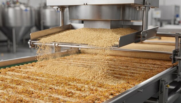 Medium shot showing vibratory feeder releasing trace nutrients into a continuous production line ensuring accurate micro ingredient dosing.