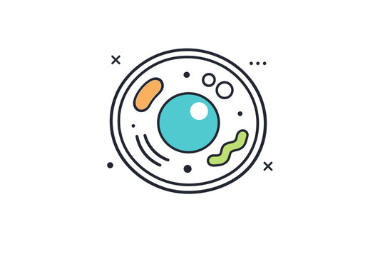 Cell biology icon. A simple biological cell symbol with nucleus and internal shapes kept abstract and clean. The mood feels educational, neutral, and