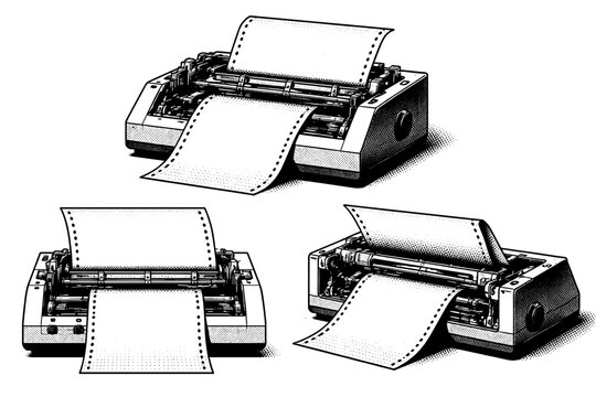 Vintage computer ? dot matrix printer with continuous paper feed and exposed mechanical elements. Black and white dot style with halftone texture and high