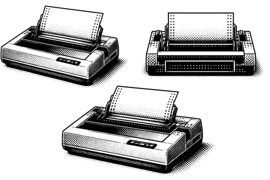 Dot matrix printer ? early home computer peripheral with plastic shell and exposed paper guides. Black and white dot style with halftone texture and high