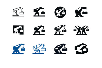 Naklejka premium Quay. Icon set. Set Logo of quay: quay crane. harmonious logo variations of the same emblematic concept, each with different artistic interpretation (Minimal