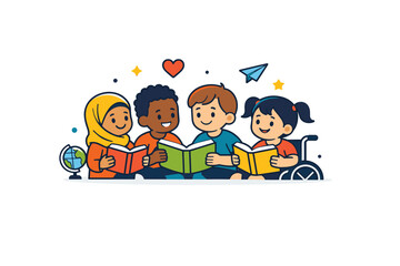 Fototapeta premium Inclusion illustrated by a classroom scene with children of different backgrounds sharing books and smiling, symbolizing learning, diversity, and togetherness.