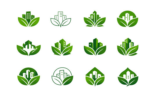 May greenery in urban streets. Icon set. Set Logo of May greenery in urban streets: young spring leaves. harmonious logo variations of the same emblematic