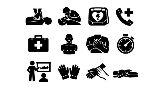 CPR Training. Solid icon set of CPR Training: CPR chest compression, rescue breathing mask, AED defibrillator, emergency phone call, first aid kit, training