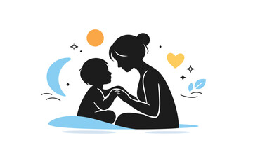 Mother and child silhouette moment. A simple, symbolic scene of a mother and child facing each other with gentle gestures. Abstract shapes around