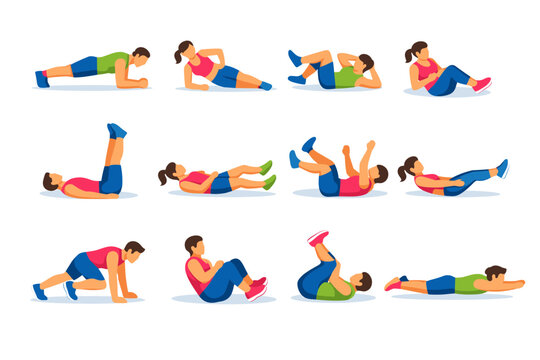 Core exercises. Colorful flat vector icons set of core exercises: plank, side plank, bicycle crunch, russian twist, leg raise, flutter kicks, dead bug, hollow