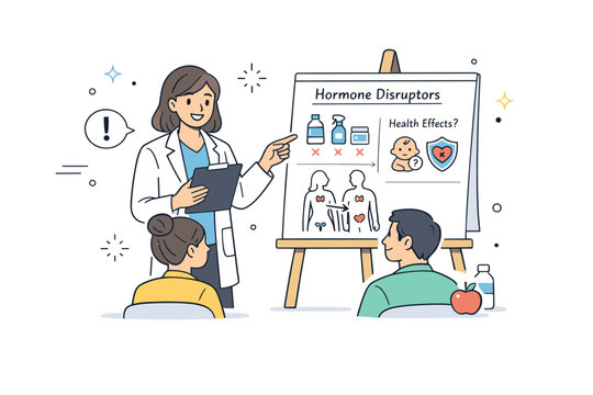 Hormone disruptor awareness education. Educator or health professional explaining simplified diagrams to a small group or individual, calm and reassuring mood.