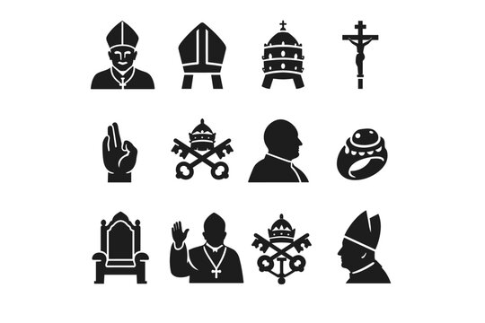 Pope. Solid icon set of Pope: pope portrait, papal mitre, papal tiara, papal staff crosier, pope blessing hand, Vatican keys, pope silhouette, papal ring, pope