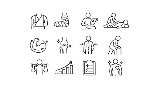 Physical recovery. Line icon set of Physical recovery: injured arm sling, broken bone cast, rehabilitation exercise, physical therapy stretch, muscle recovery,