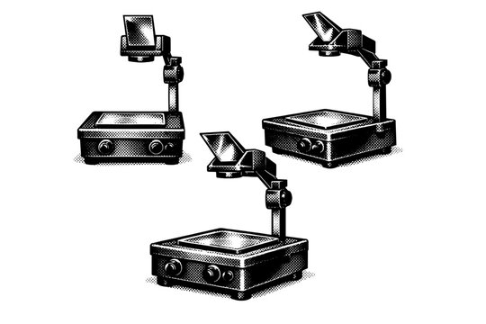 Overhead projector ? classroom teaching projector. A realistic classroom overhead projector shown as one object in three different views focusing on square