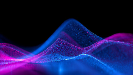Luminous blue and pink particle waves flow dynamically on dark, symbolizing abstract data technology. © design goodie