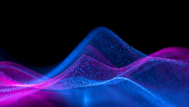 Luminous blue and pink particle waves flow dynamically on dark, symbolizing abstract data technology.