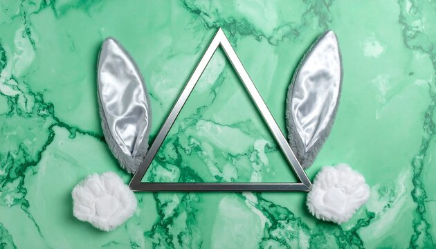 An abstract composition of shiny silver rabbit ears, white cottontails, and a geometric triangle frame over a marbled green surface