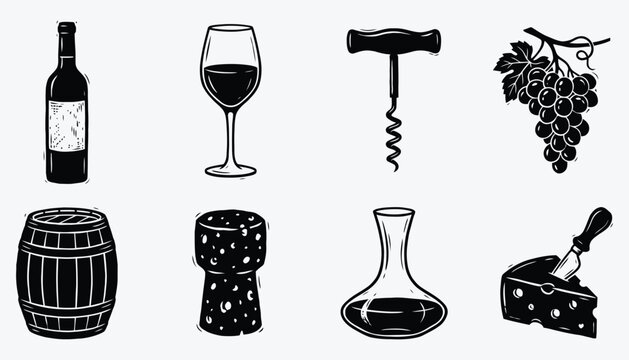 Wine Tasting Icons Set Black Silhouette Vineyard Elements