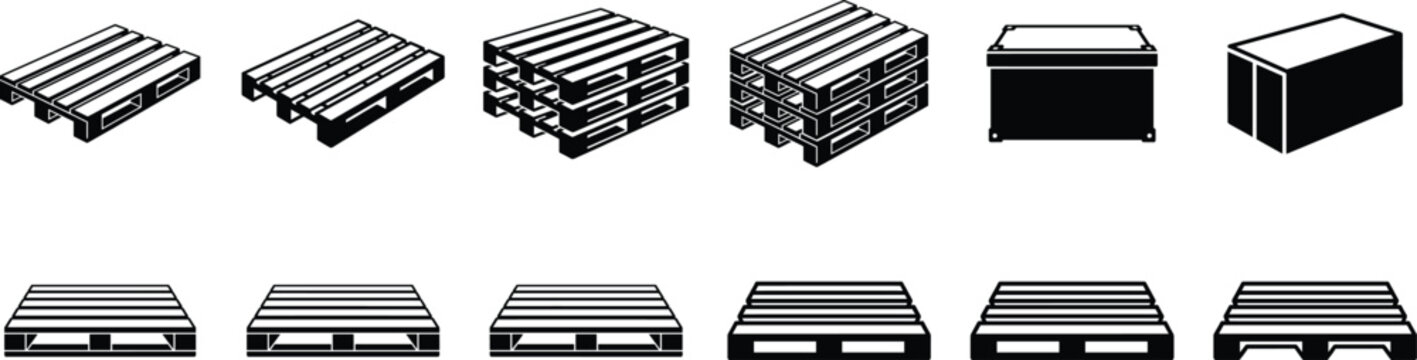 Warehouse pallet and cargo crate icon set, wooden shipping pallets stack silhouettes for logistics, freight transport, storage and industrial packaging design