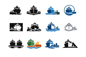 Naklejka premium Quay. Icon set. Set Logo of quay: ship alongside dock. harmonious logo variations of the same emblematic concept, each with different artistic interpretation