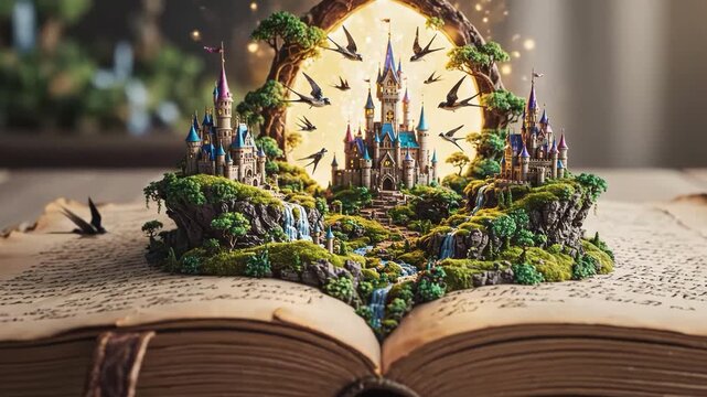 Magical fantasy castle emerging from an open storybook