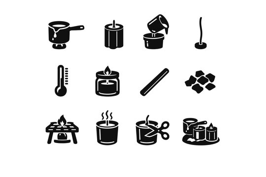 Making Candles at Home. Solid icon set of Making Candles at Home: melting wax pot, candle mold, pouring wax, candle wick, thermometer, finished candle jar,
