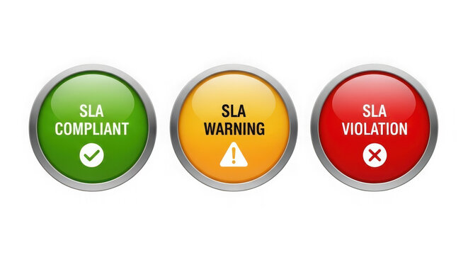 Three round buttons showing sla status indicators isolated on transparent background