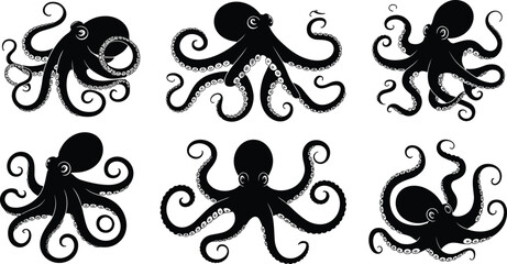 Octopus silhouette collection, marine sea creature with tentacles vector illustration set, ocean wildlife animal icons isolated on white background © Liton Roy