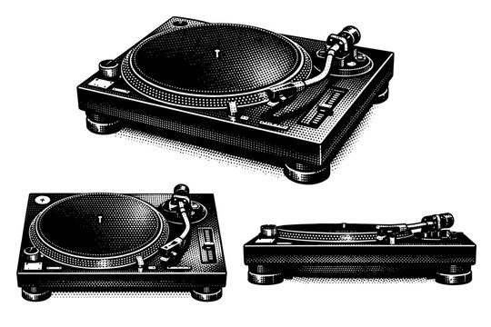 Turntable ? direct-drive DJ turntable with robust chassis, strobe markings, and pitch control slider. Black and white dot style with halftone texture and high