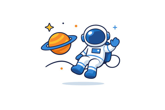 Astronaut exploration concept shown through a friendly astronaut floating calmly with a planet and tether line, expressing human presence wonder and