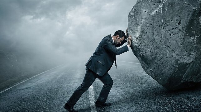 Business man pushing a large rock up a hill. Concept of overcoming challenge, hardship, and perseverance in business or life.