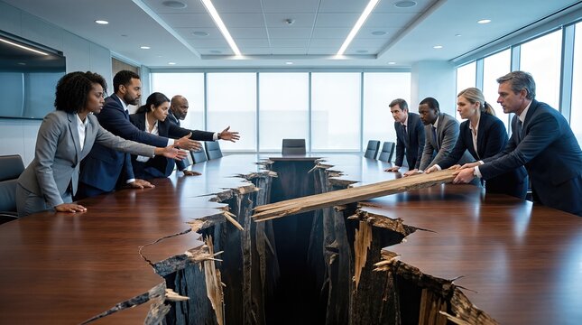 Business people, men and women, try to bridge a large chasm in a conference table. Crisis management and collaboration concept for overcoming corporate challenges.