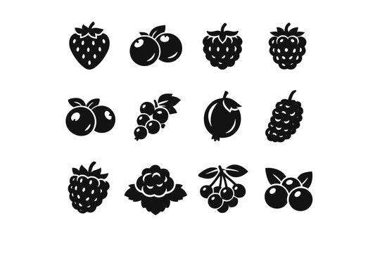 Berries. Solid icon set of Berries: strawberry, blueberry, raspberry, blackberry, cranberry, currant, gooseberry, mulberry, boysenberry, cloudberry,