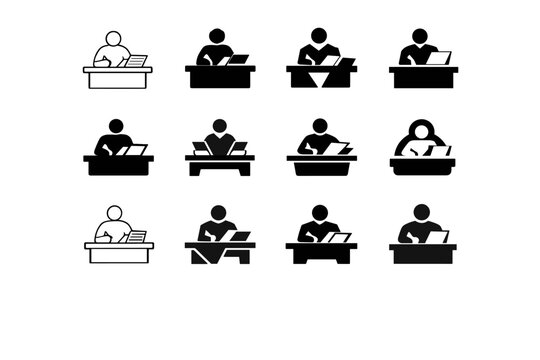 Business proposal drafting. Icon set. Set Logo of Business proposal drafting: person at desk with documents. harmonious logo variations of the same emblematic